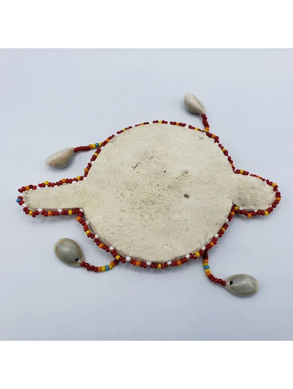 Native American Seed Bead Turtle Fetish Cowrie Shells Leather Red White Blue
